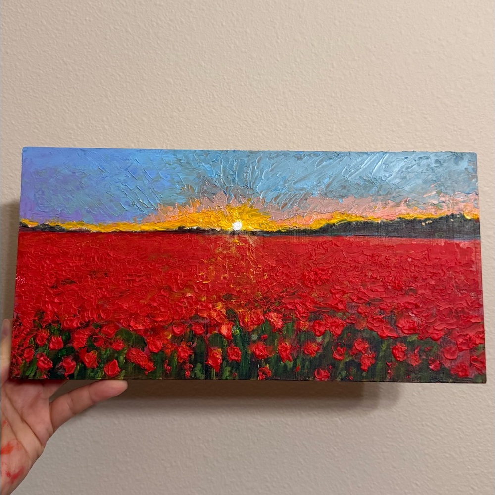 Original Vibrant Red and Blue Landscape Impasto Painting 6x12 in on wooden board